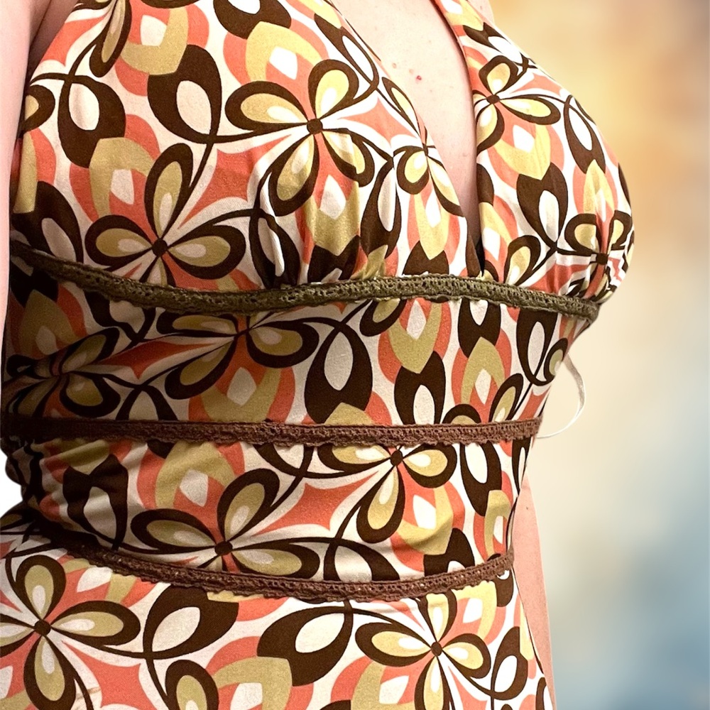 Vintage Alyn Paige Brown yellow funky Halter dress lace babydoll deadstock - Picture 4 of 5